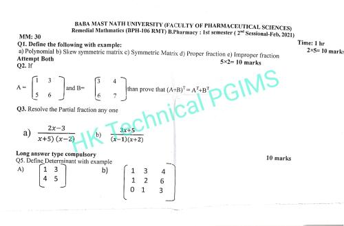 BMU 2nd ses. BP106RMT Remedial Mathematics 1st Semester B.Pharmacy Previous Year's Question Paper,BP106RMT Remedial Mathematics,BPharmacy,Previous Year's Question Papers,BPharm 1st Semester,